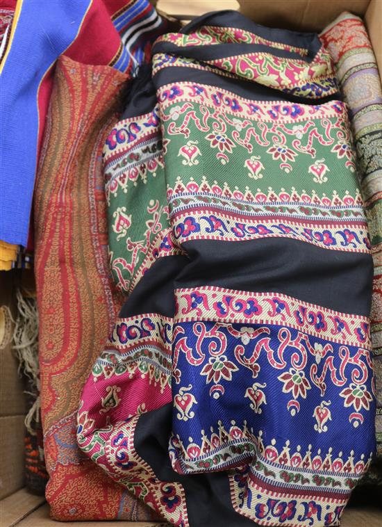 Three Paisley shawls, a women silk stole, kelim etc